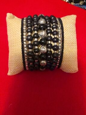 Black and Silver Layered Beaded Bracelet